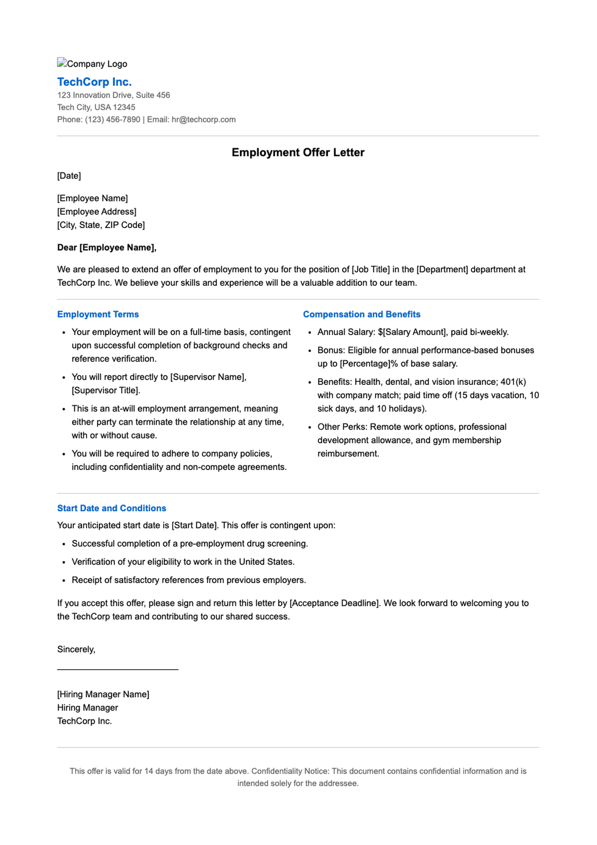 Professional job offer letter template as business letter with iHire branding_variant_1